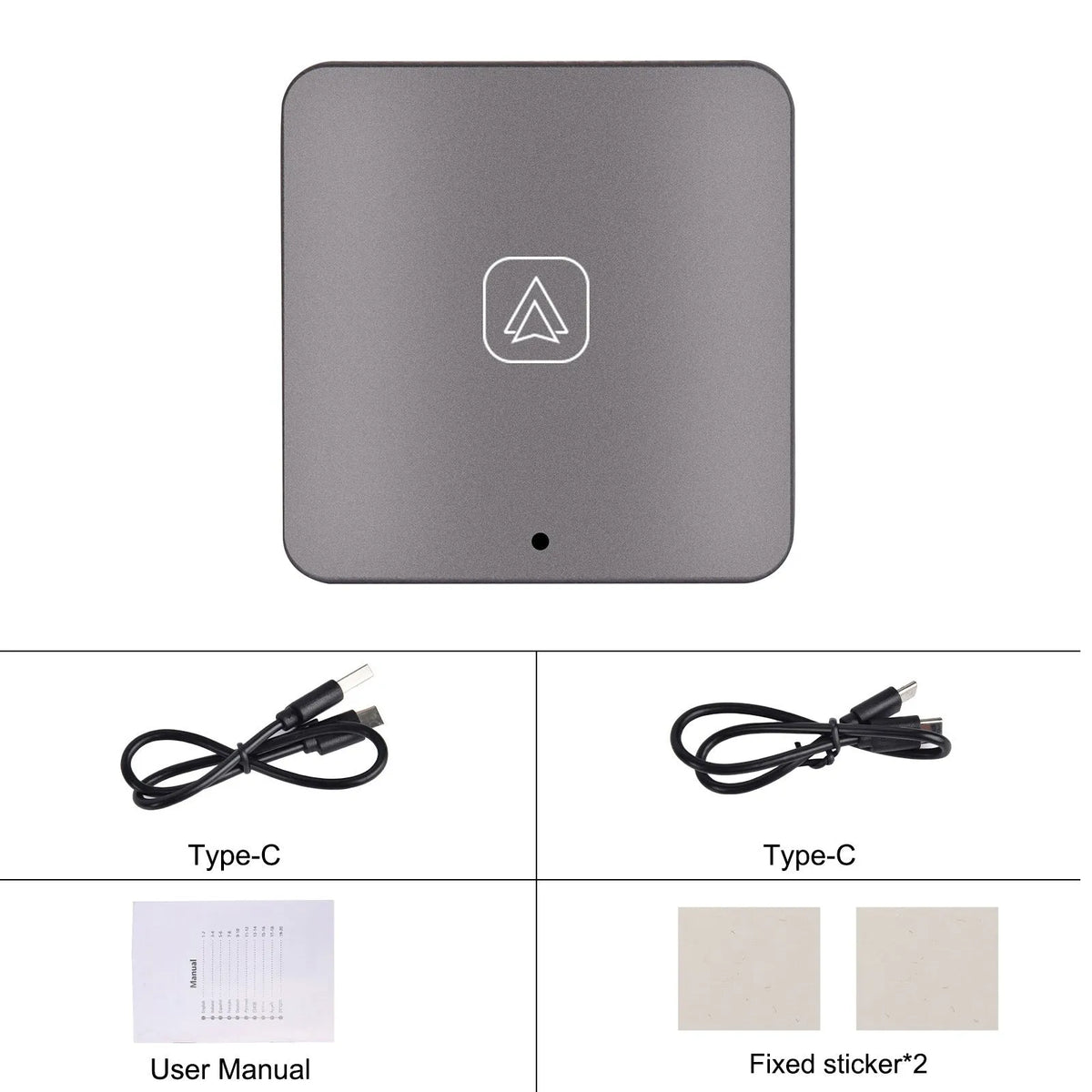 Black wireless CarPlay adapter module and silver Android Auto adapter with USB-C cables on a grey background.