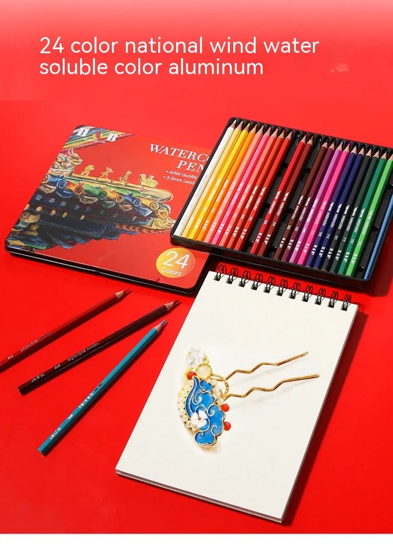 Metal tin box open to show 24 water-soluble coloured pencils in various colours