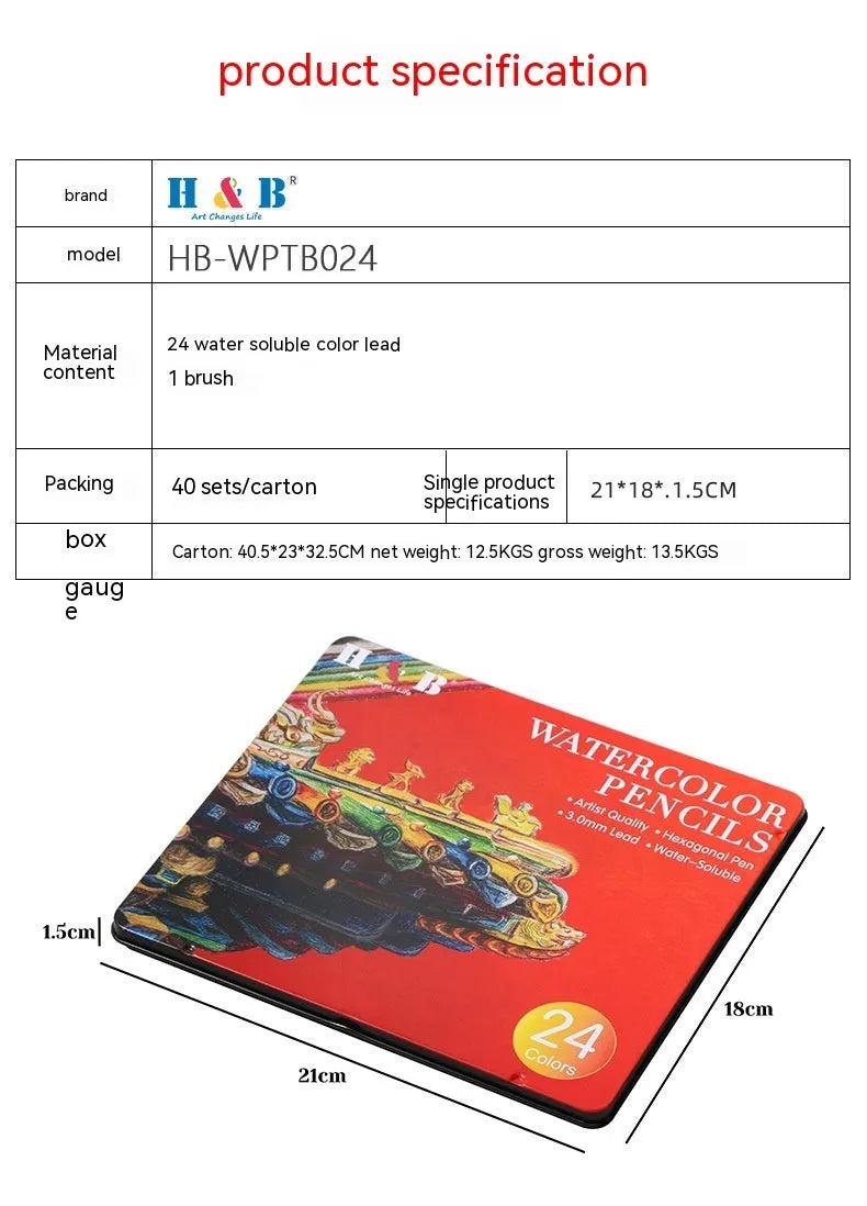 Metal tin box open to show 24 water-soluble coloured pencils in various colours
