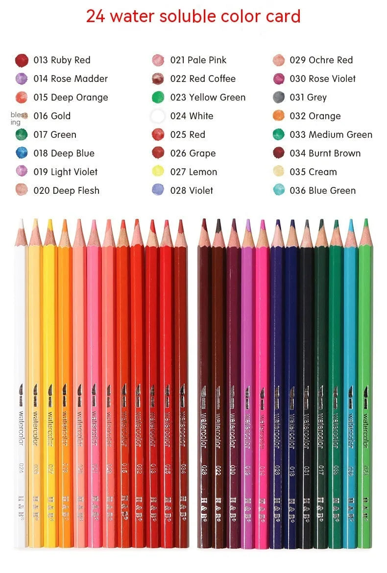 Metal tin box open to show 24 water-soluble coloured pencils in various colours