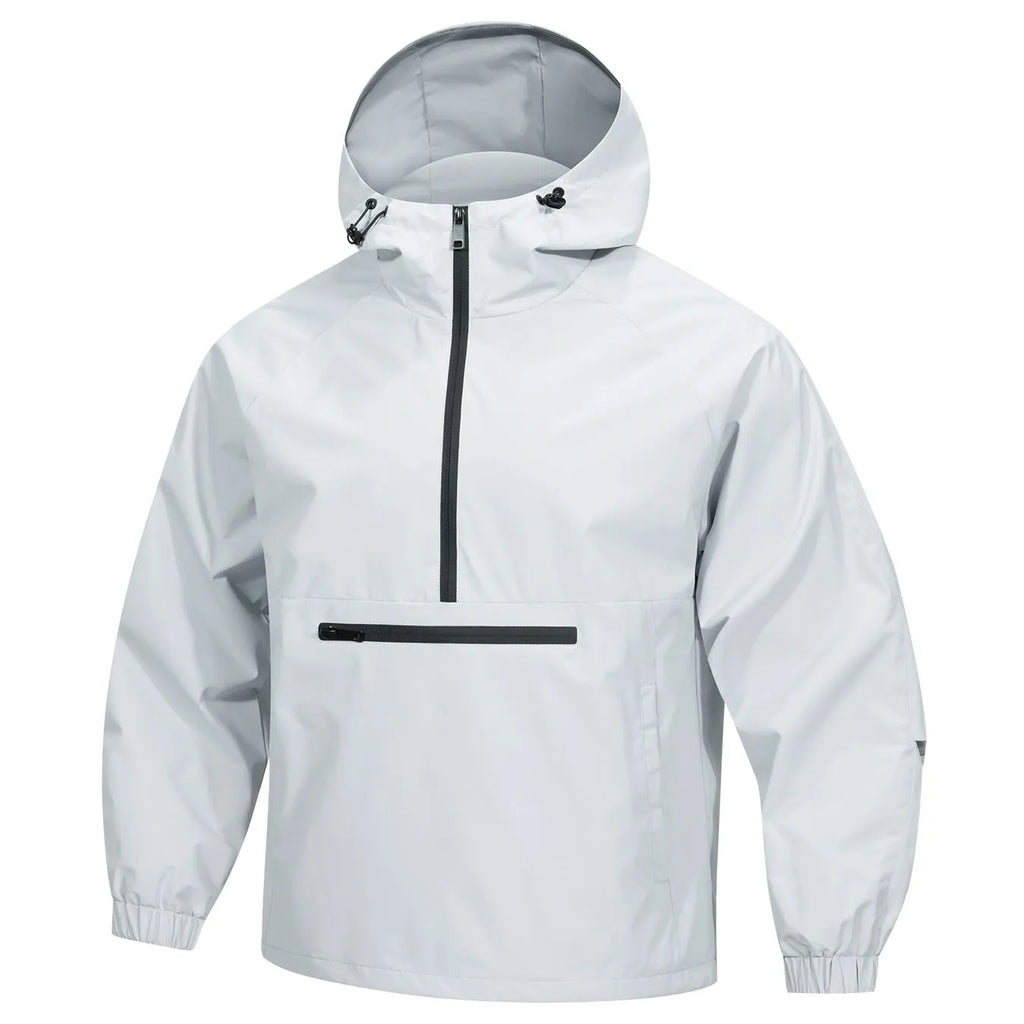 Men's loose light grey rabbit fur corduroy half-zip hooded sweater jacket, Korean style.