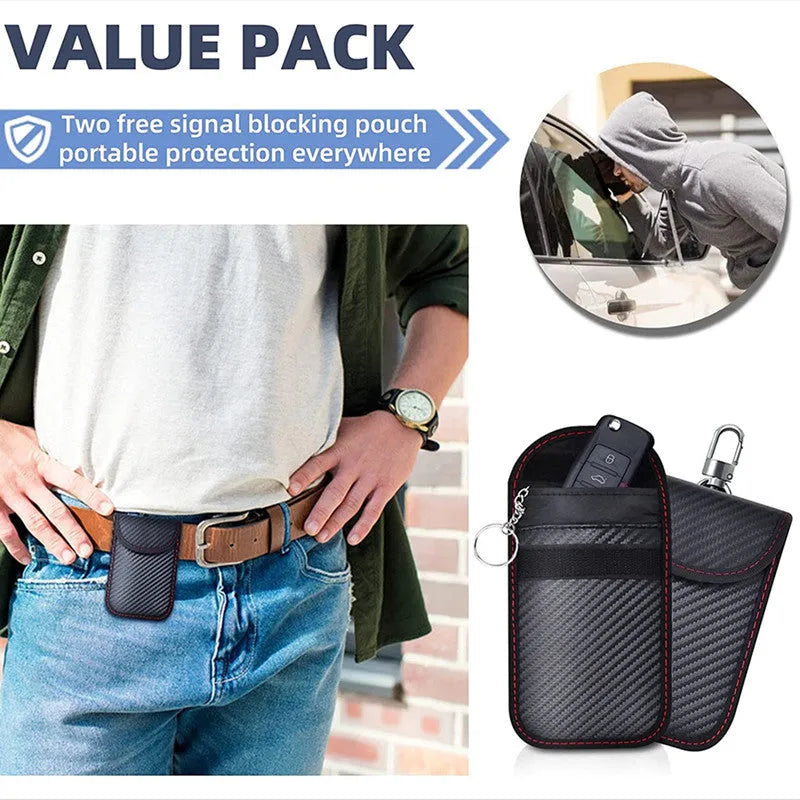 Grey carbon fibre RFID shielding box and two matching key cases for anti-theft protection