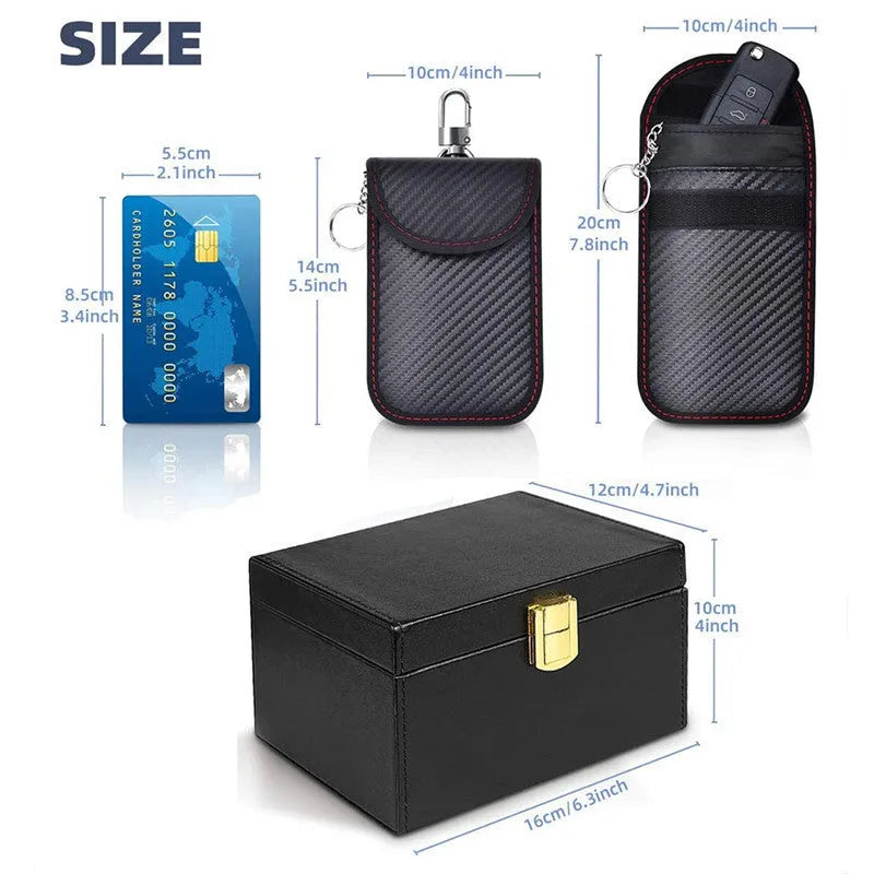 Grey carbon fibre RFID shielding box and two matching key cases for anti-theft protection