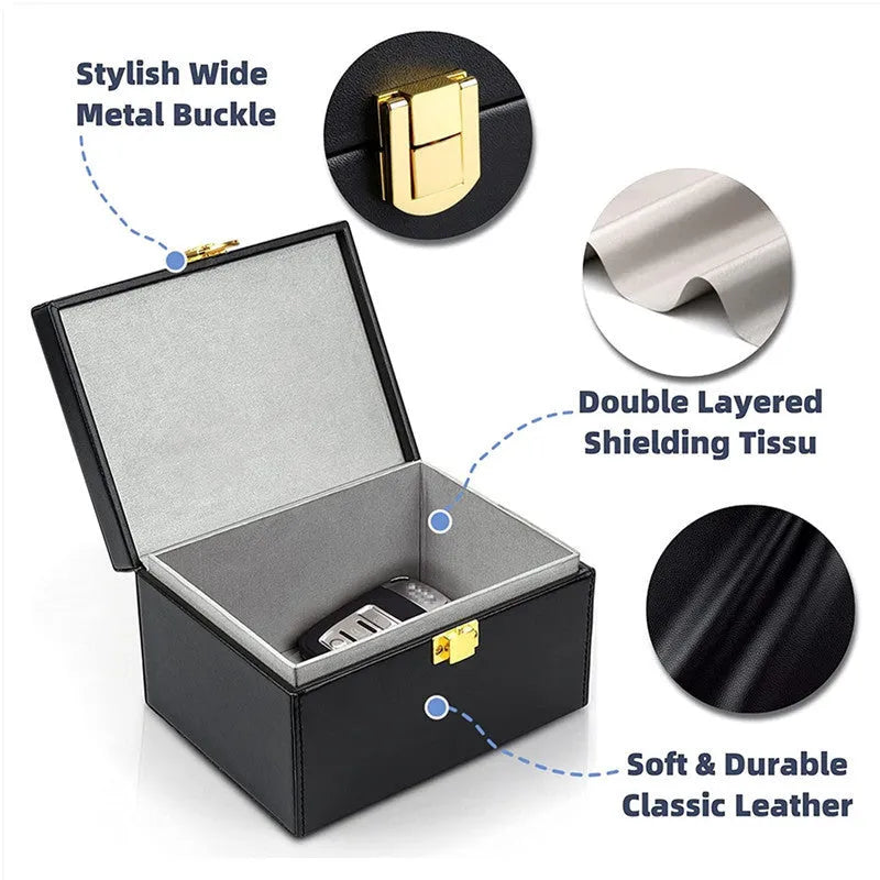 Grey carbon fibre RFID shielding box and two matching key cases for anti-theft protection