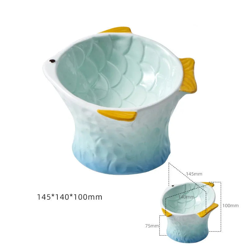 Ceramic cat feeder bowls fish shape design with 15-degree tilt angle and elevated height