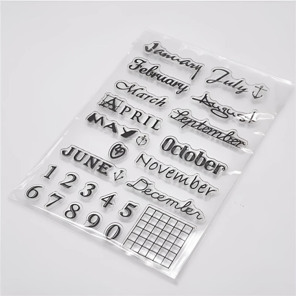 Close-up of a transparent silicone vintage calendar and digital table icon stamp on a white background.