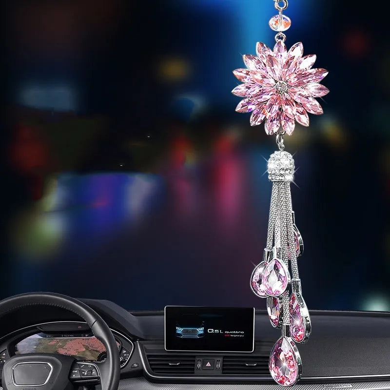 Car hanging ornament with comet and six water drop pendants, stainless steel, about 30cm long, in pink, purple, or white.