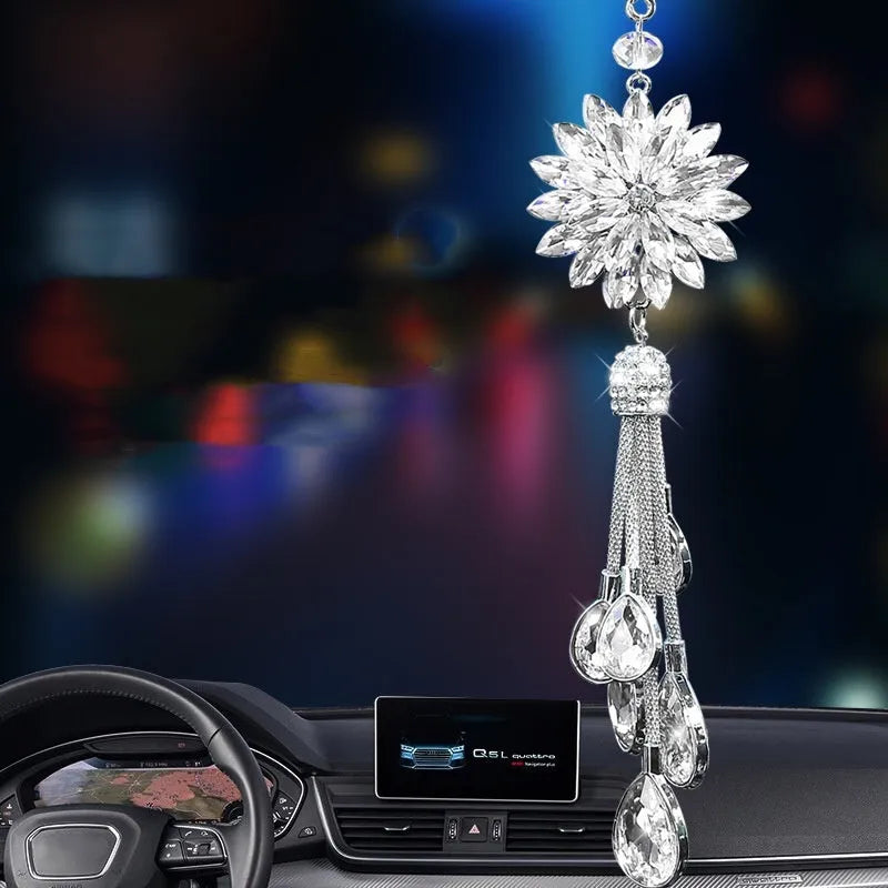 Car hanging ornament with comet and six water drop pendants, stainless steel, about 30cm long, in pink, purple, or white.