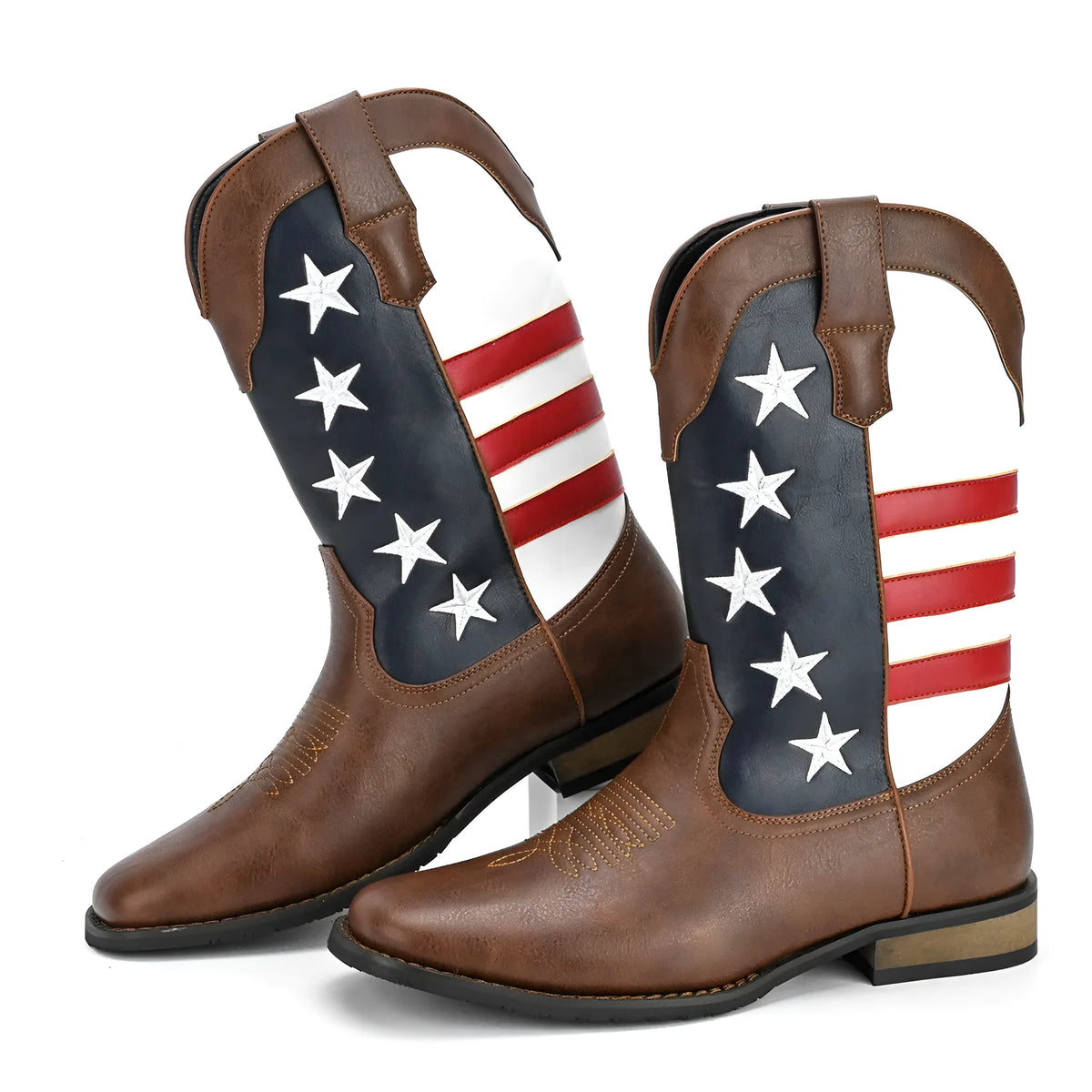Men's black cowboy boots with five-pointed star decoration and round toe