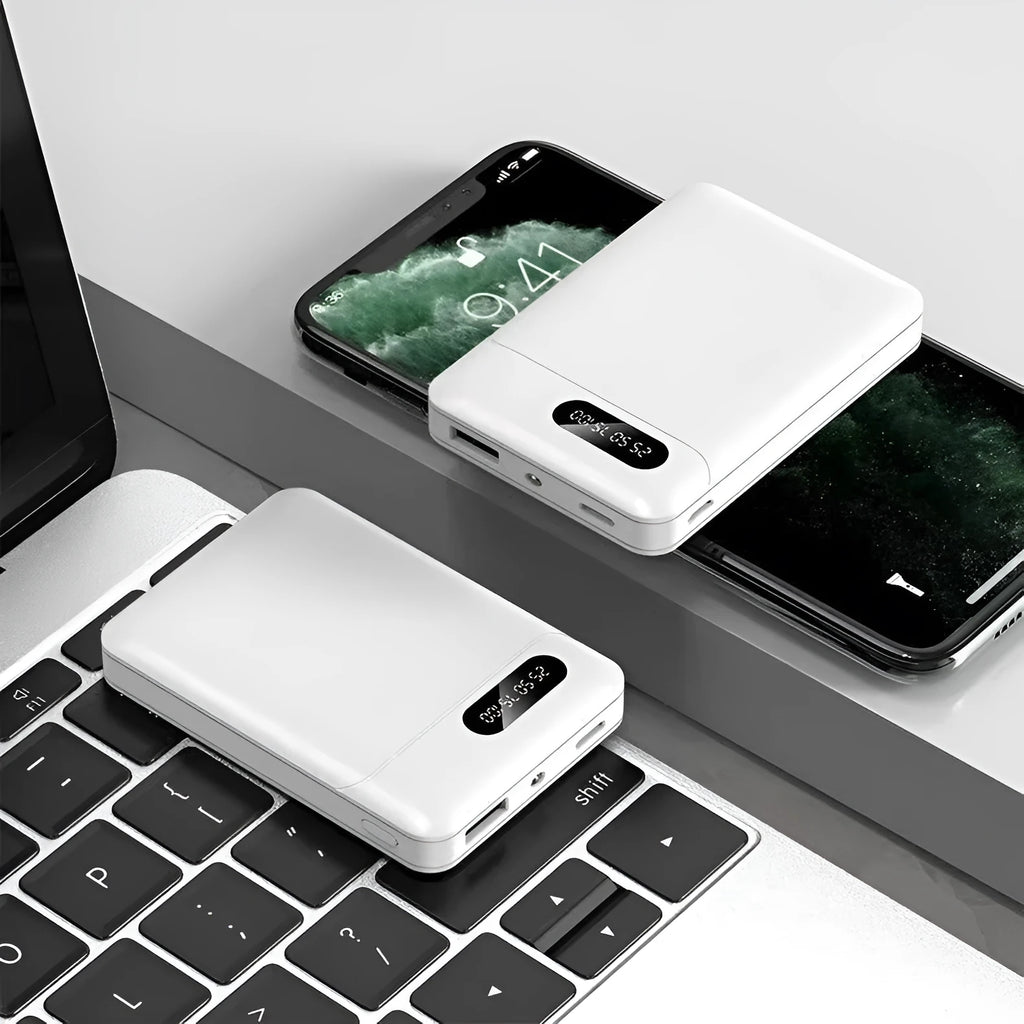 Black and white portable power bank with dual USB ports showing capacity options from 4000mAh to 10000mAh