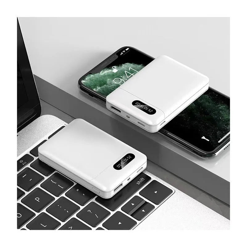 Black and white portable power bank with dual USB ports showing capacity options from 4000mAh to 10000mAh