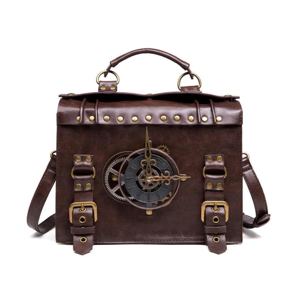 Bronze steampunk industrial retro style shoulder bag with pillow shape and metal hardware accents