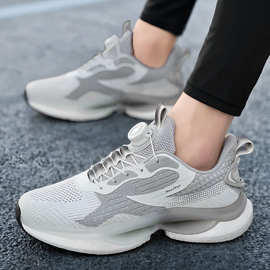 Korean style low-top sports shoes with rotating button buckle on Fly-kit mesh upper