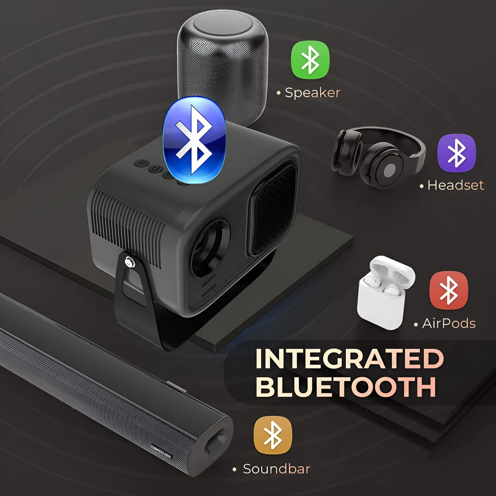 Black portable HD projector with Android interface and remote control on desk