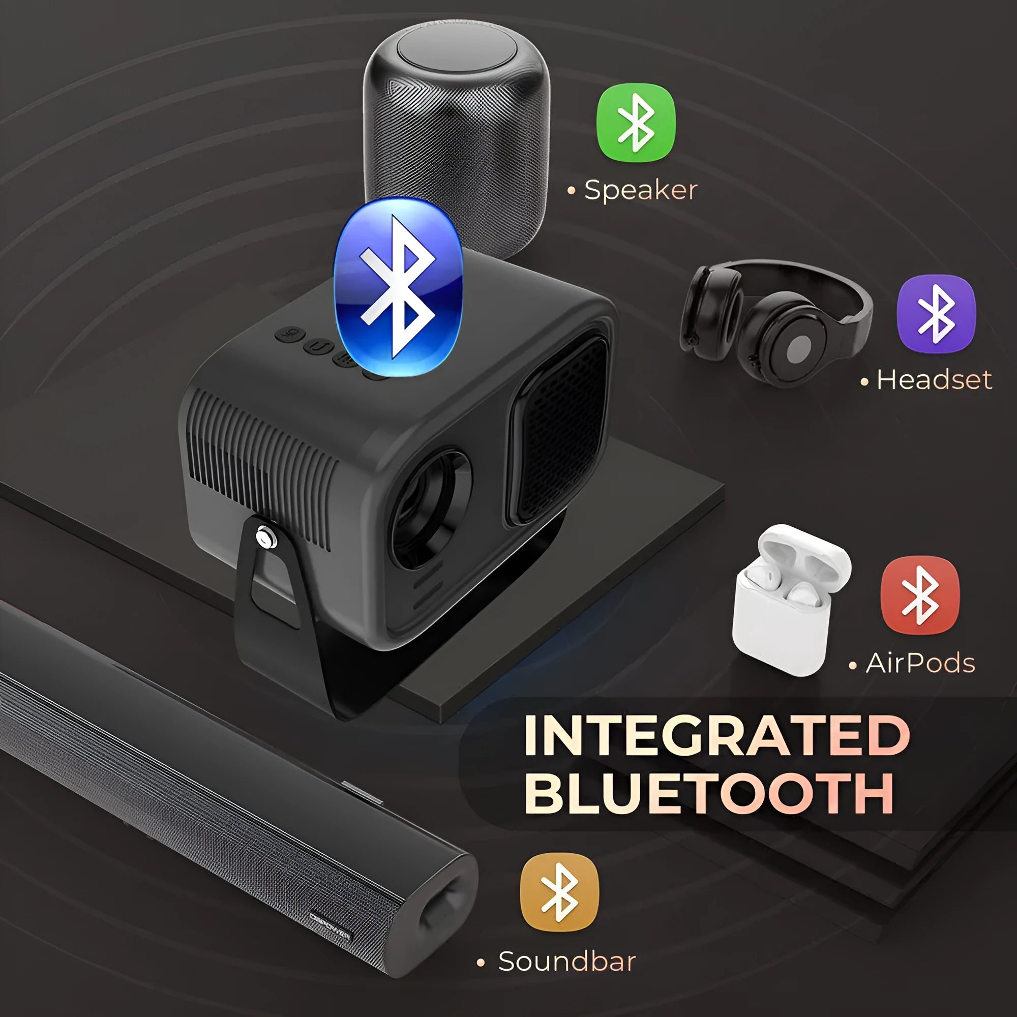 Black portable HD projector with Android interface and remote control on desk