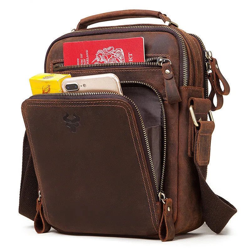 Men's brown Crazy Horse leather crossbody bag with single shoulder strap and decorative sewing lines