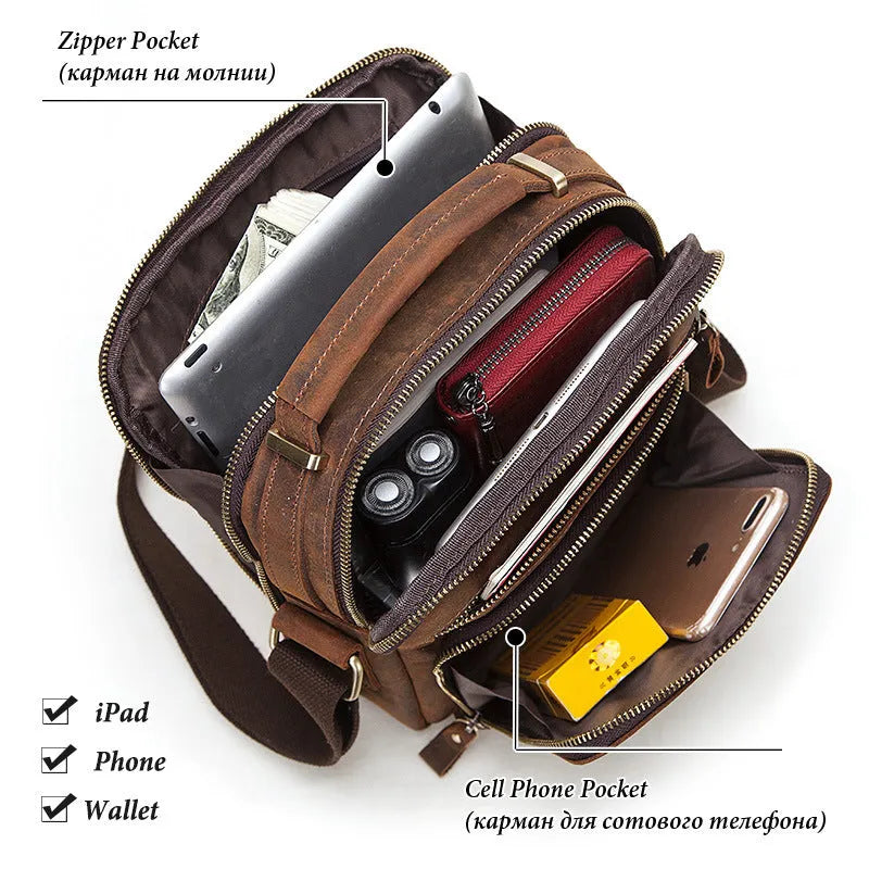 Men's brown Crazy Horse leather crossbody bag with single shoulder strap and decorative sewing lines