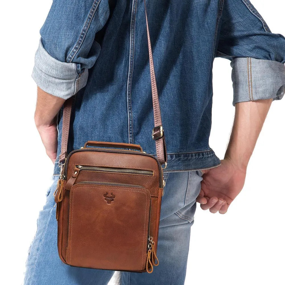 Men's brown Crazy Horse leather crossbody bag with single shoulder strap and decorative sewing lines