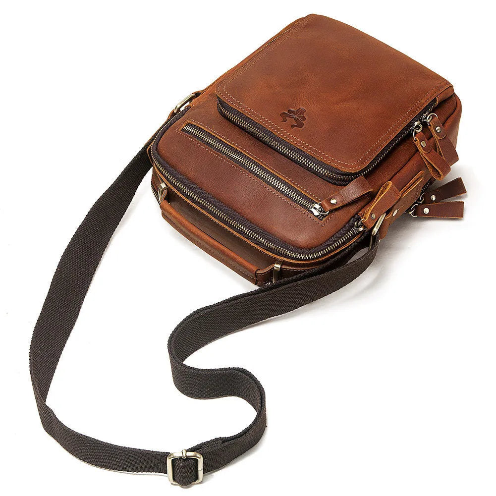 Men's brown Crazy Horse leather crossbody bag with single shoulder strap and decorative sewing lines
