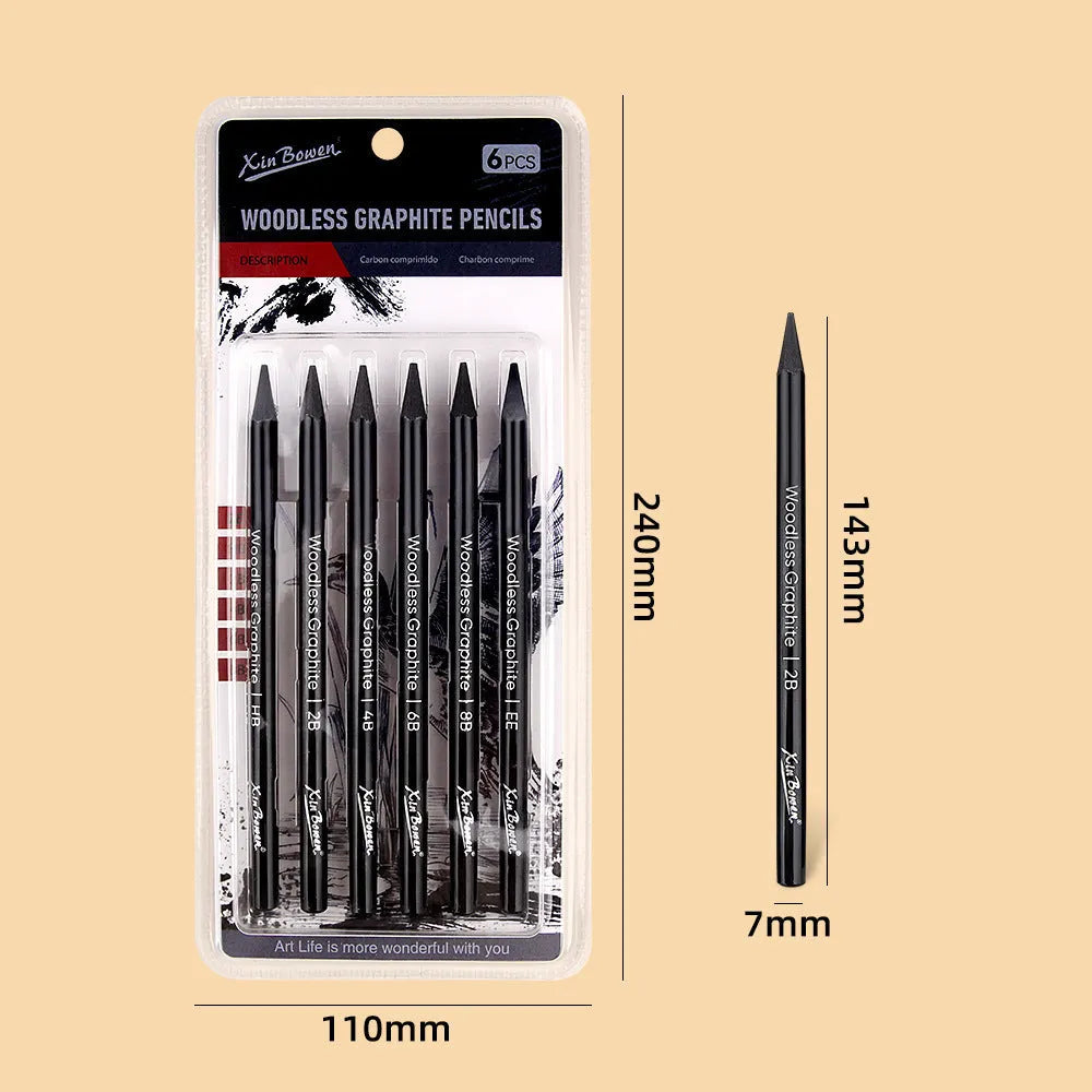 Set of six wood-free graphite sketching pencils with grades HB, 2B, 4B, 6B, 8B, and EE for art drawing.