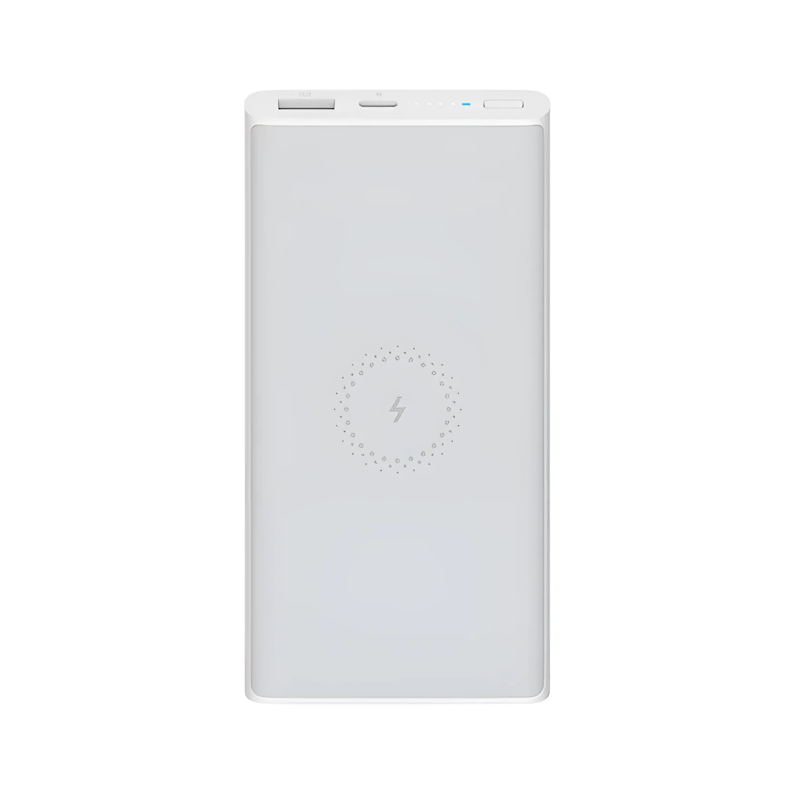 Black and white 10000mAh power bank with USB Type-C port and wireless charging capability