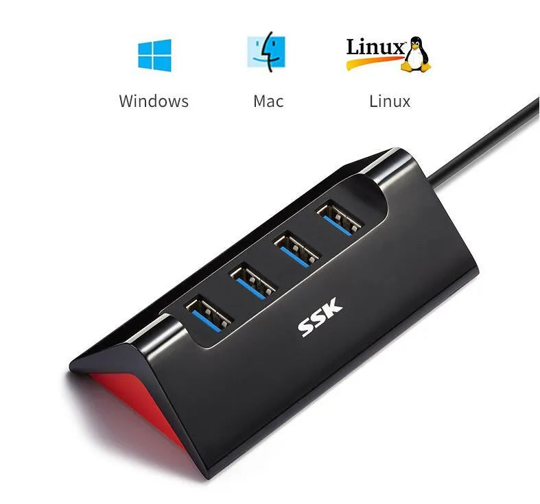 Black USB expansion dock with four USB ports showing compact dimensions
