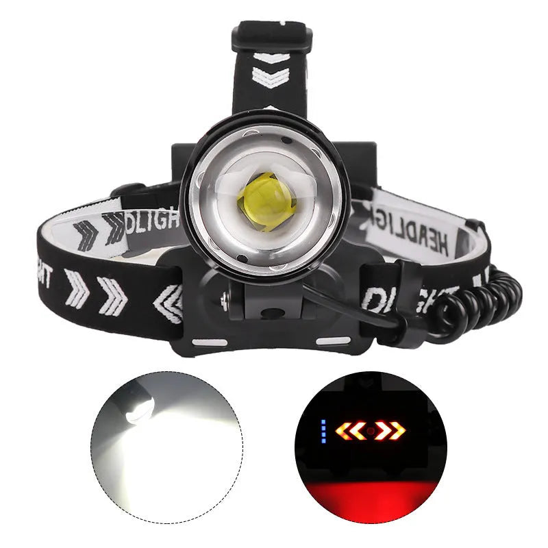 Black telescopic zoom headlight with USB charging port, power display, and carved texture on aluminium alloy body.