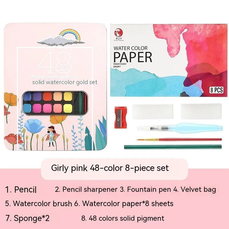 Box of 48 solid watercolour paint blocks for gouache and sketch painting.