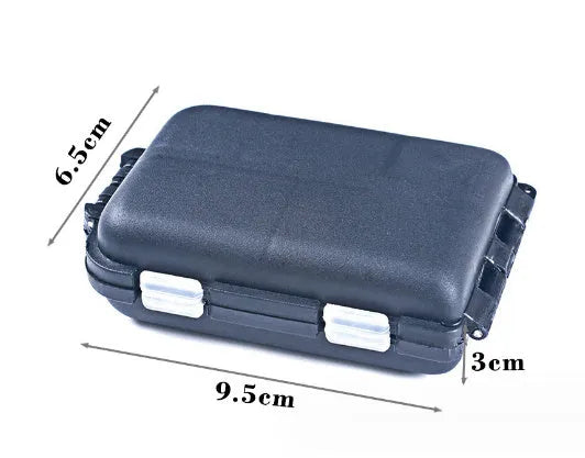 10 compartment fishing gear storage box in black measuring 9.5 x 6.5 x 3 cm