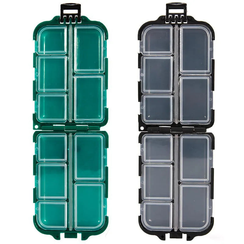 10 compartment fishing gear storage box in black measuring 9.5 x 6.5 x 3 cm