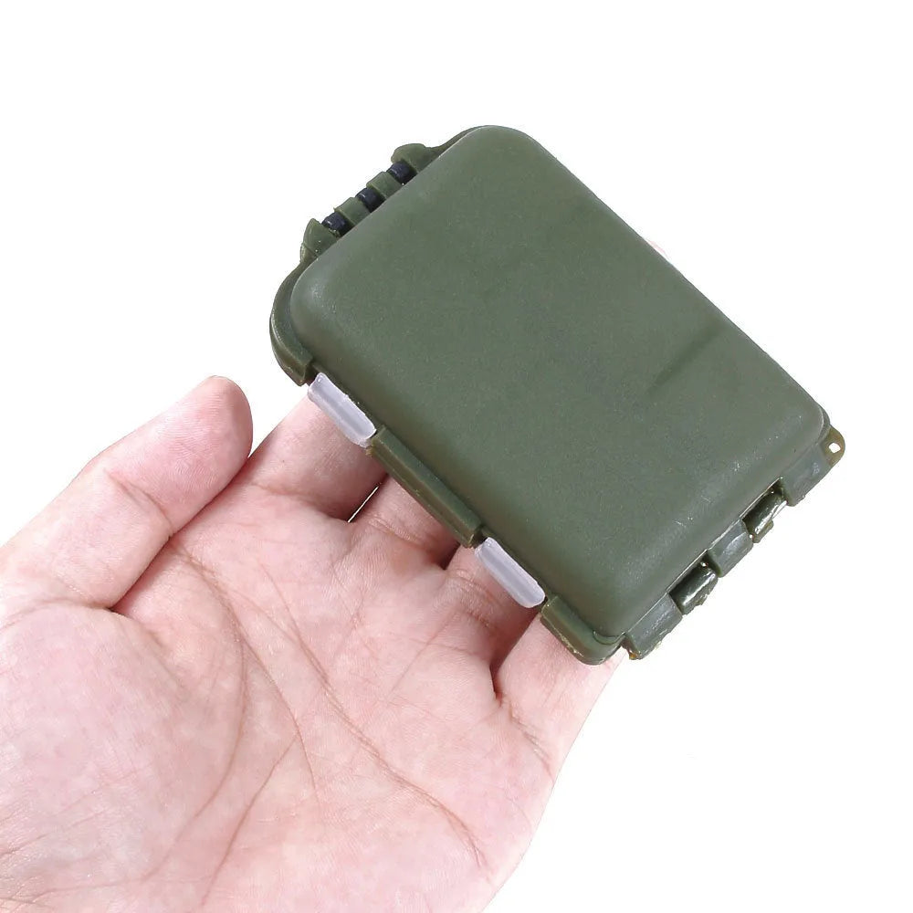 10 compartment fishing gear storage box in black measuring 9.5 x 6.5 x 3 cm