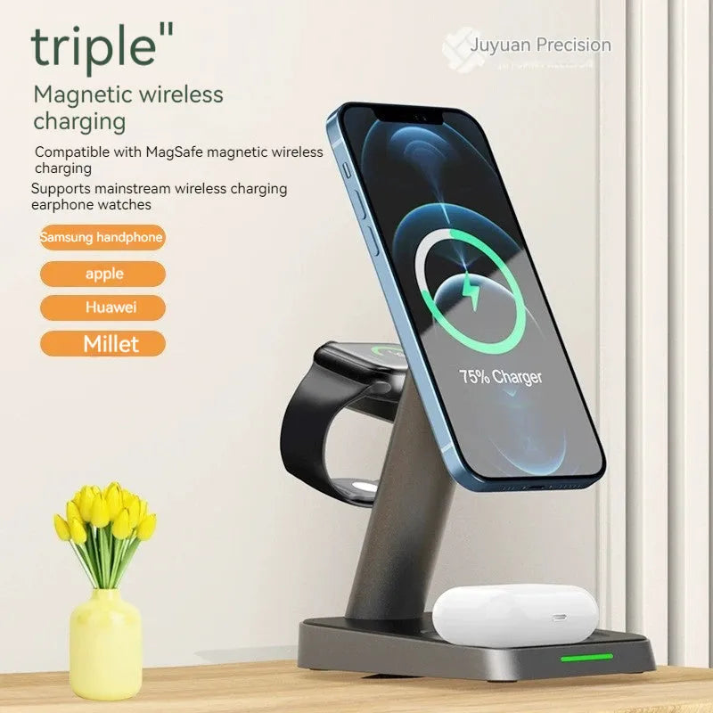 Black vertical wireless charging station with phone and watch charging areas and 10000mAh battery