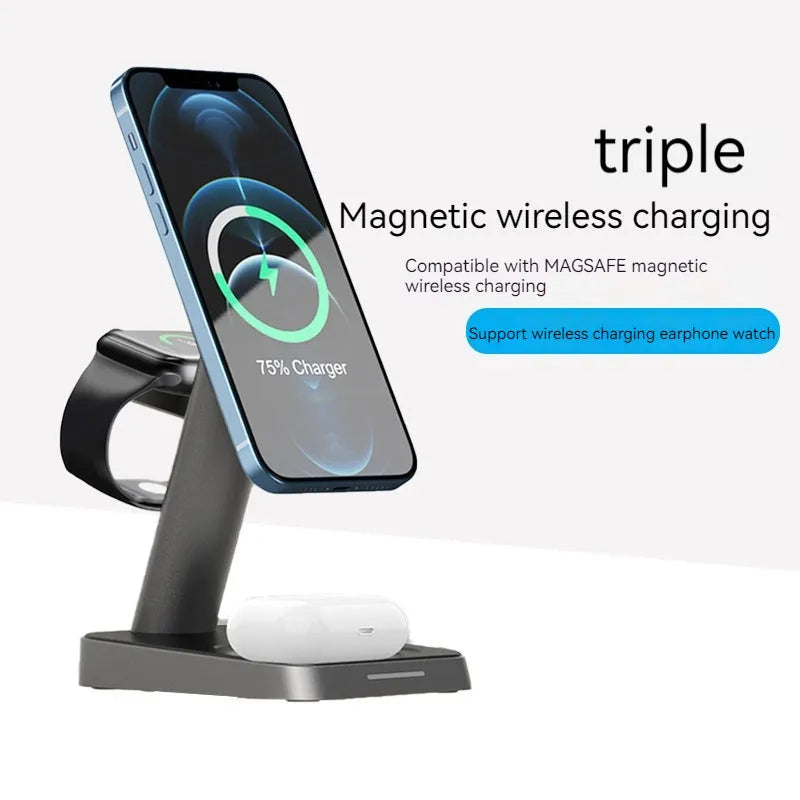 Black vertical wireless charging station with phone and watch charging areas and 10000mAh battery
