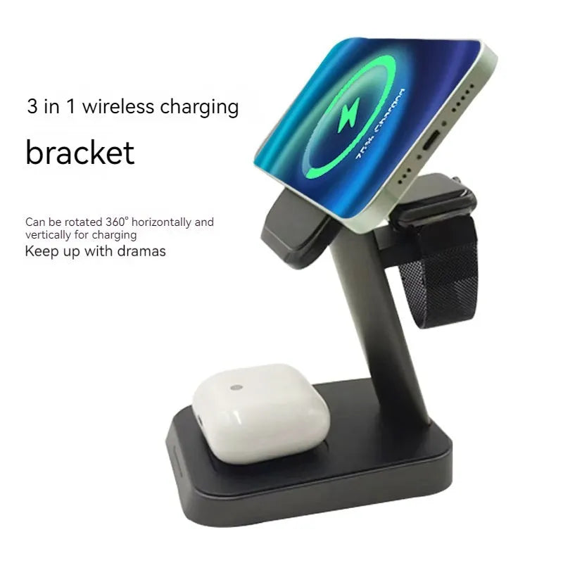 Black vertical wireless charging station with phone and watch charging areas and 10000mAh battery