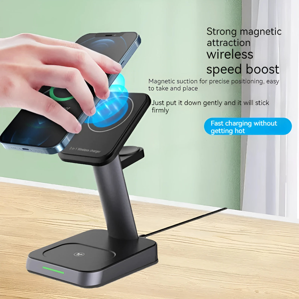 Black vertical wireless charging station with phone and watch charging areas and 10000mAh battery