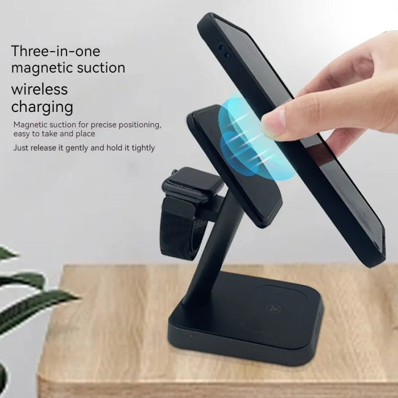Black vertical wireless charging station with phone and watch charging areas and 10000mAh battery