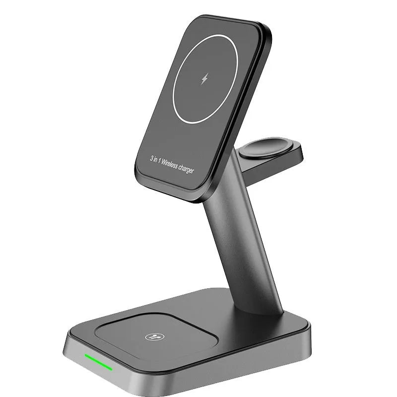 Black vertical wireless charging station with phone and watch charging areas and 10000mAh battery