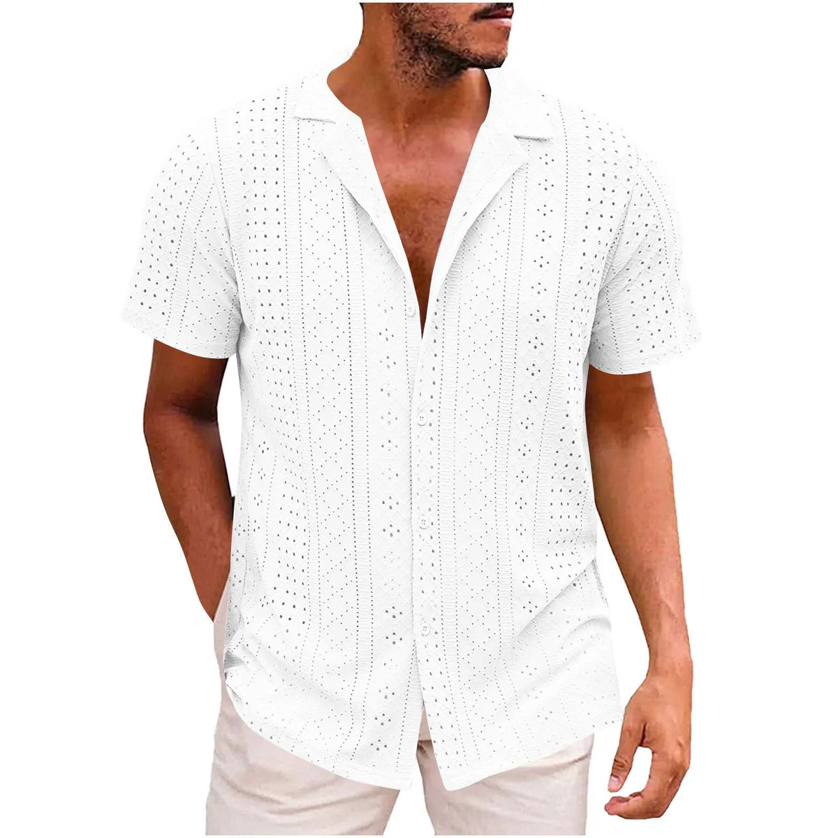 Men's breathable lightweight polyester casual shirt with lapel collar, regular fit, in white, black, wine red, grass green, light blue, purple, dark green.