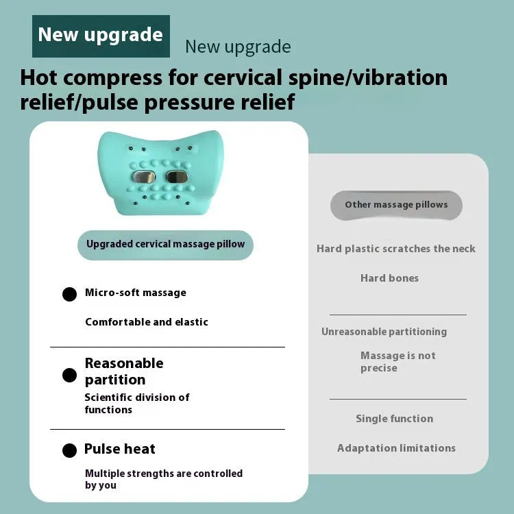 Blue-green cervical massage pillow with EMS, vibration and hot compress functions measuring 17x10x12cm