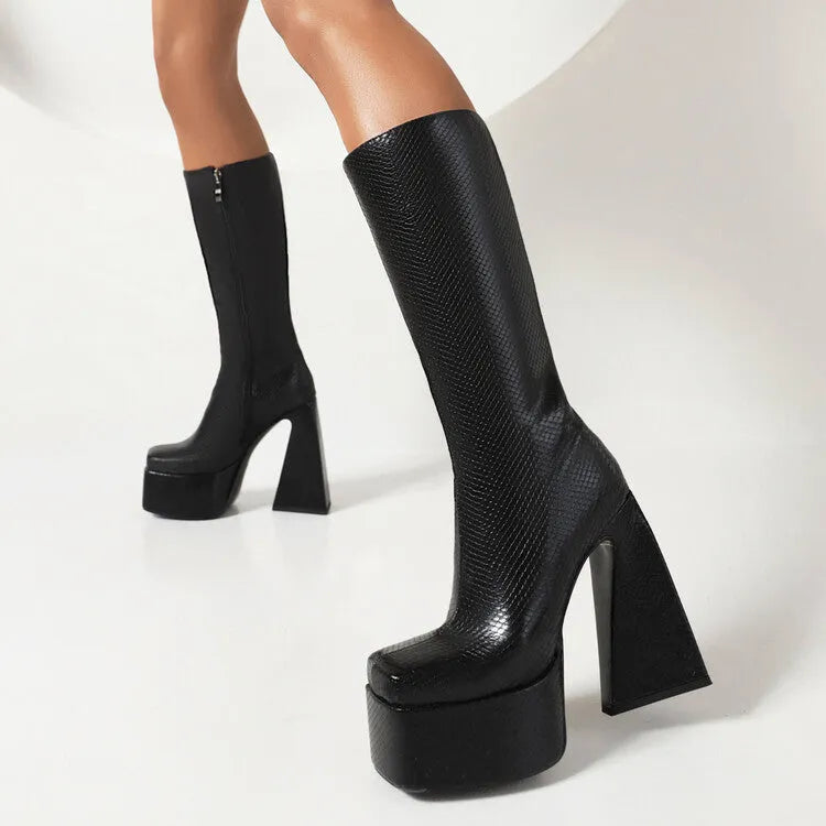 Women's casual high boots in artificial PU leather, shown in black, red, blue, and white colour options