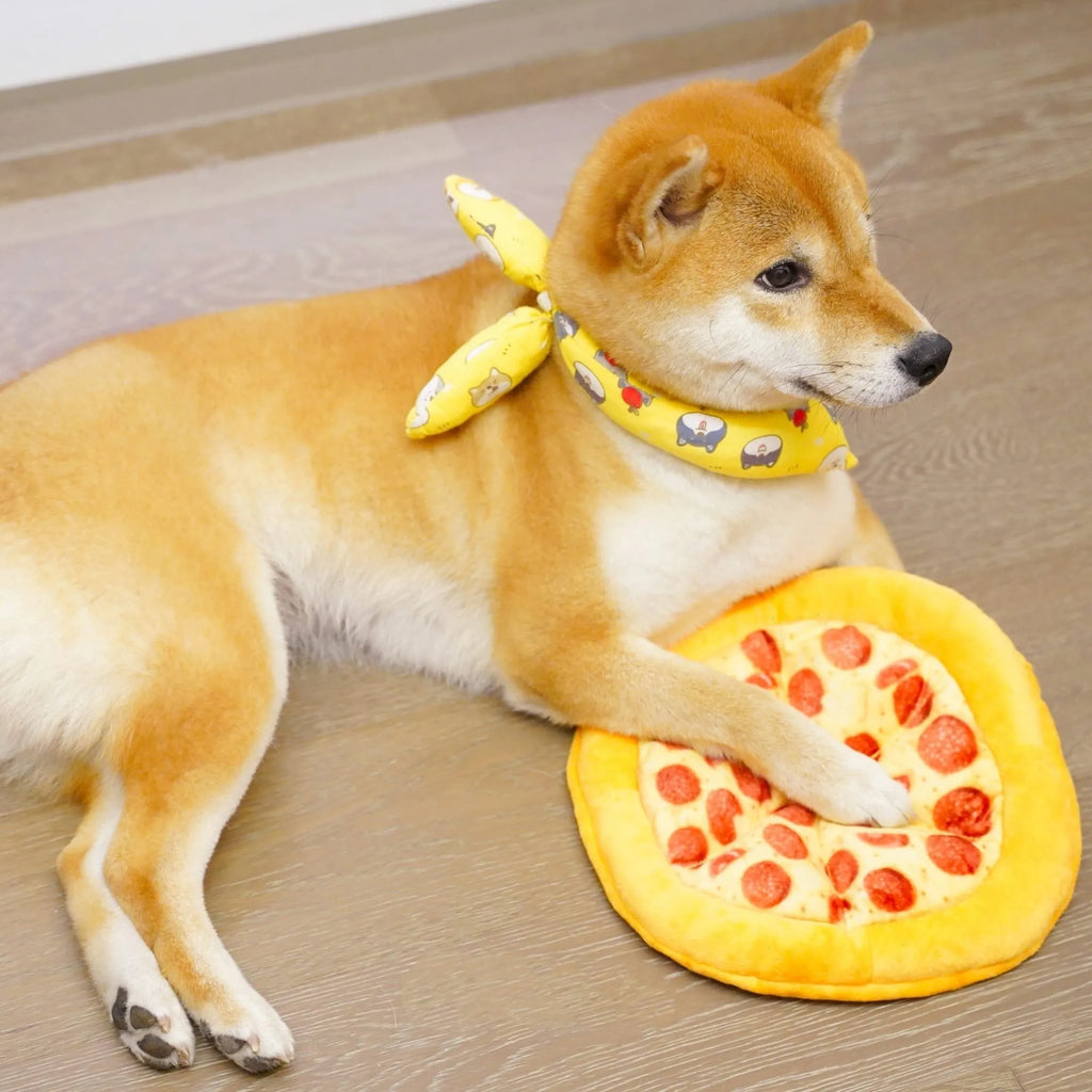 Yellow teddy bear dog chew toy with pizza design details for interactive play and dental care