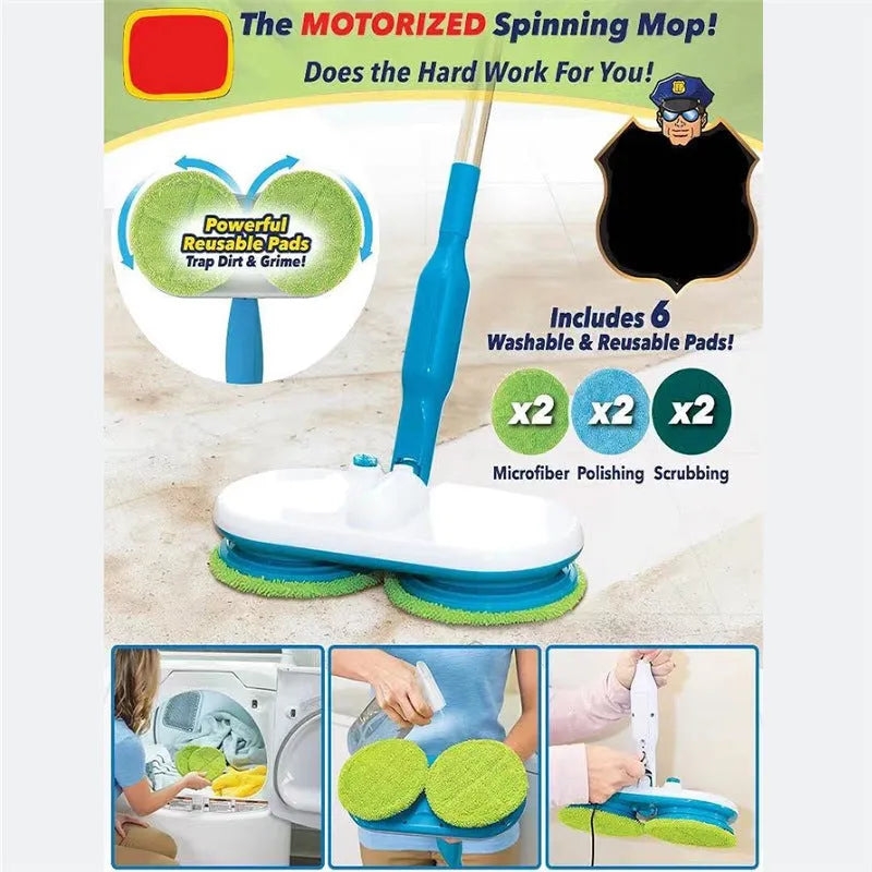 Hand-held cordless electric floor mop with USB charging port and set of washable microfiber, scrubbing, and polishing pads.