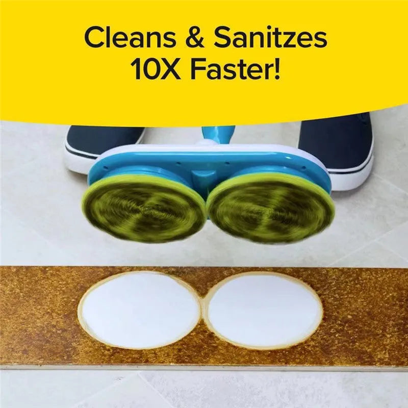 Hand-held cordless electric floor mop with USB charging port and set of washable microfiber, scrubbing, and polishing pads.