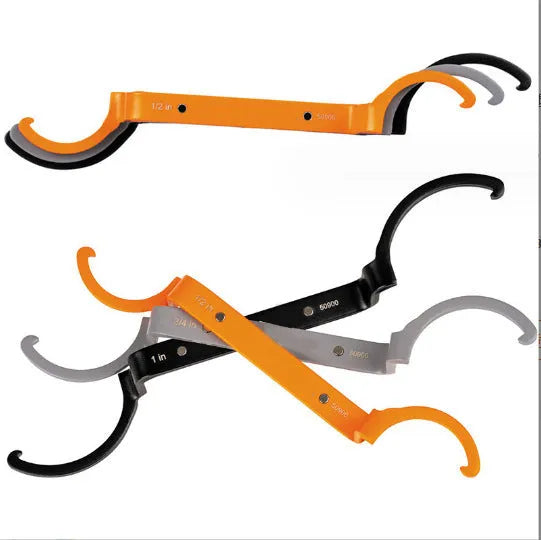 Three-piece crescent magnetic suction wrench kit in orange, gray, and black with locking mechanism.