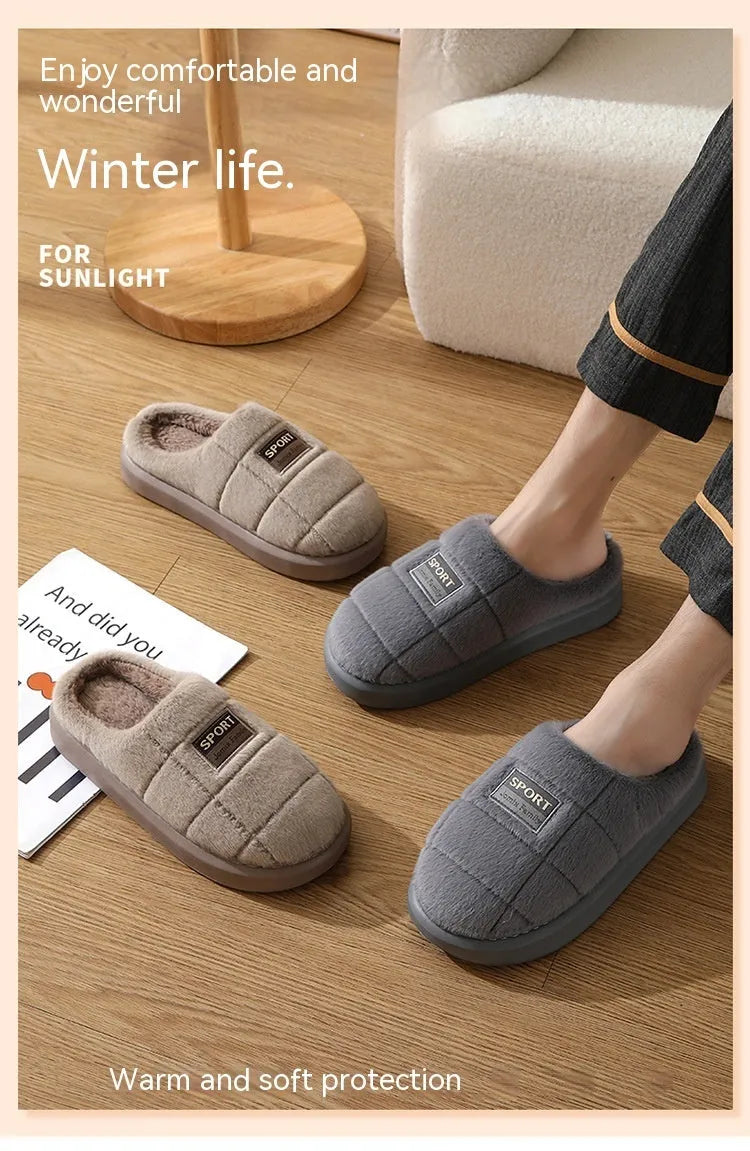 Men's plaid pattern winter slippers with rabbit hair upper and thick artificial wool lining