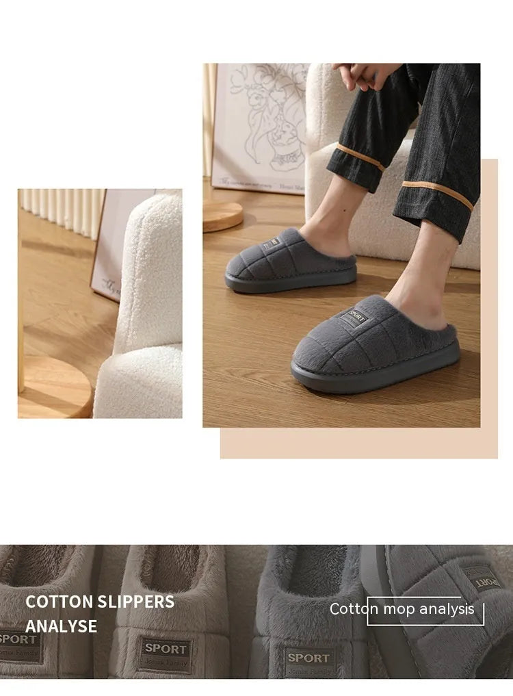 Men's plaid pattern winter slippers with rabbit hair upper and thick artificial wool lining