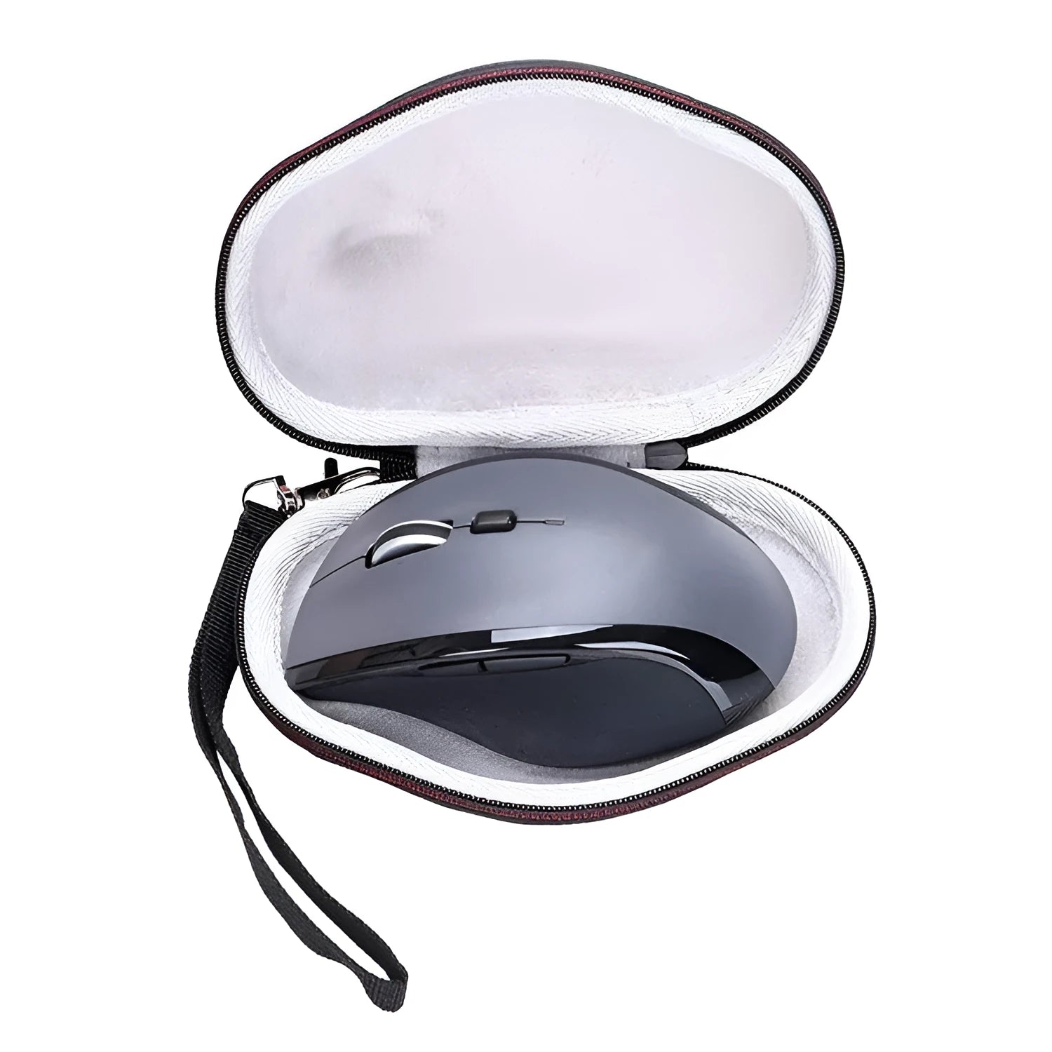 Black M720 mouse protective case with grey interior showing dimensions 14x9.8x5.5cm