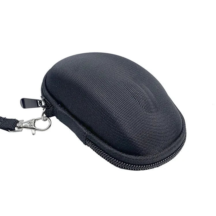 Black M720 mouse protective case with grey interior showing dimensions 14x9.8x5.5cm