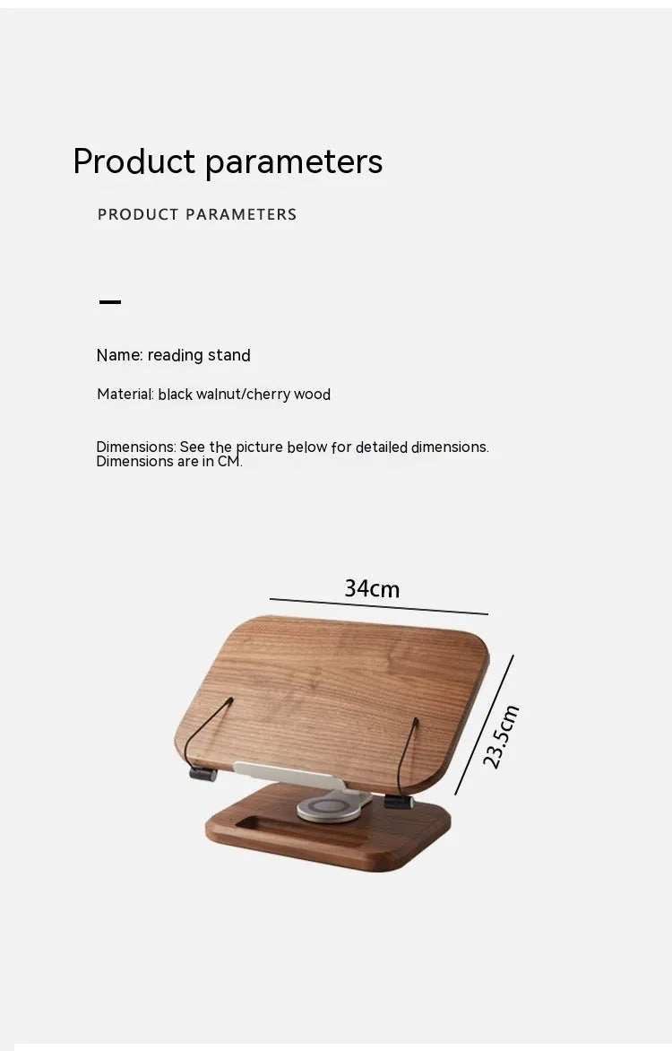 Solid wood reading rack in walnut colour with adjustable rotating mechanism holding a book