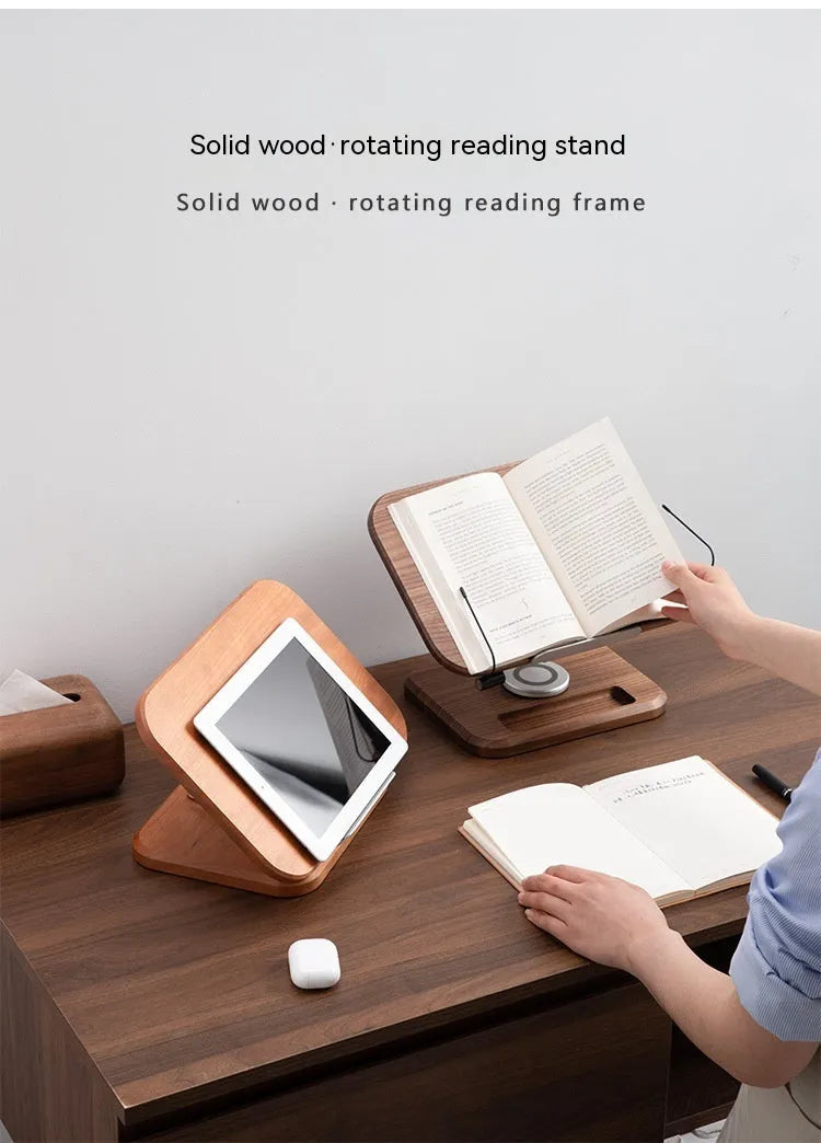 Solid wood reading rack in walnut colour with adjustable rotating mechanism holding a book